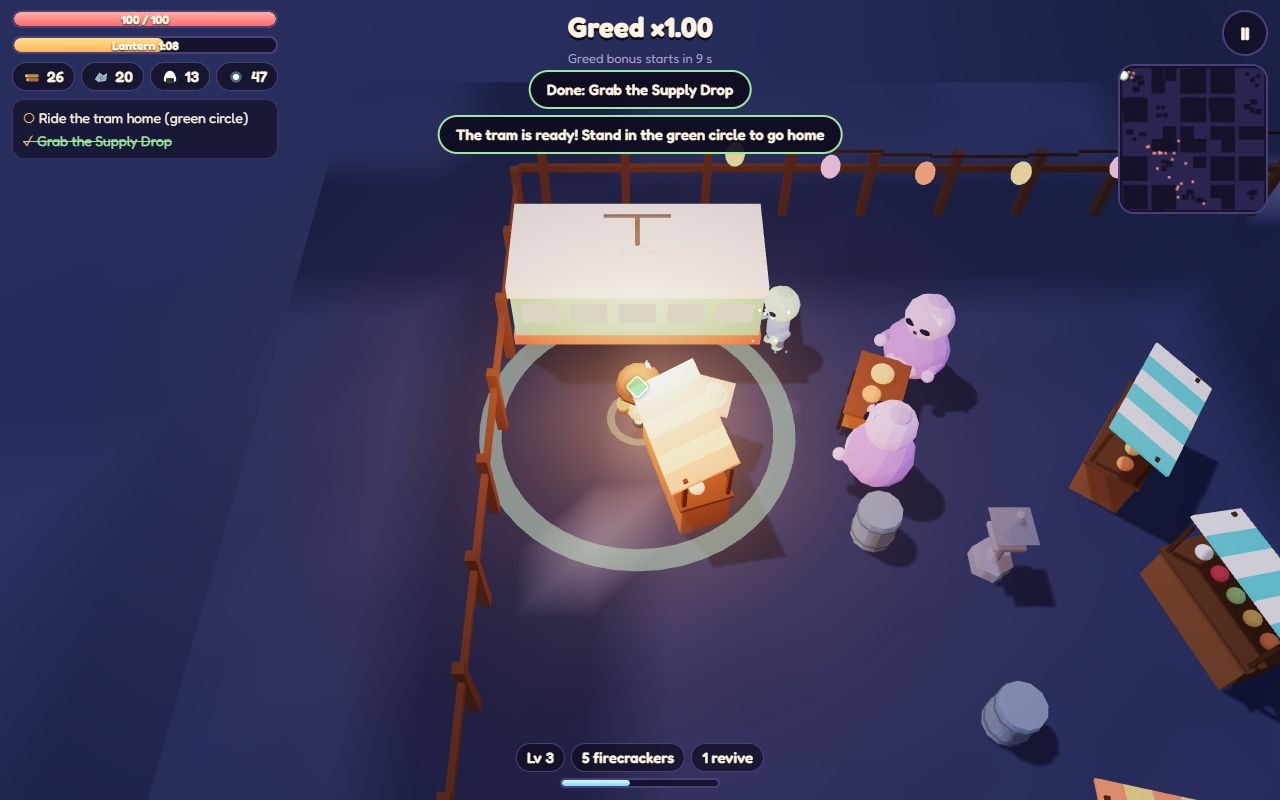 A survivor at the tram stop during a scavenge run, with the objective list and minimap