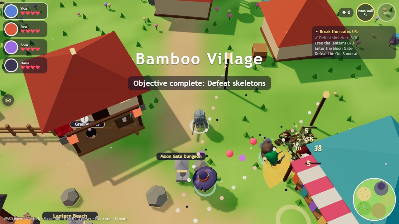 Bamboo Village: a knight and bots fighting skeletons near the tea house