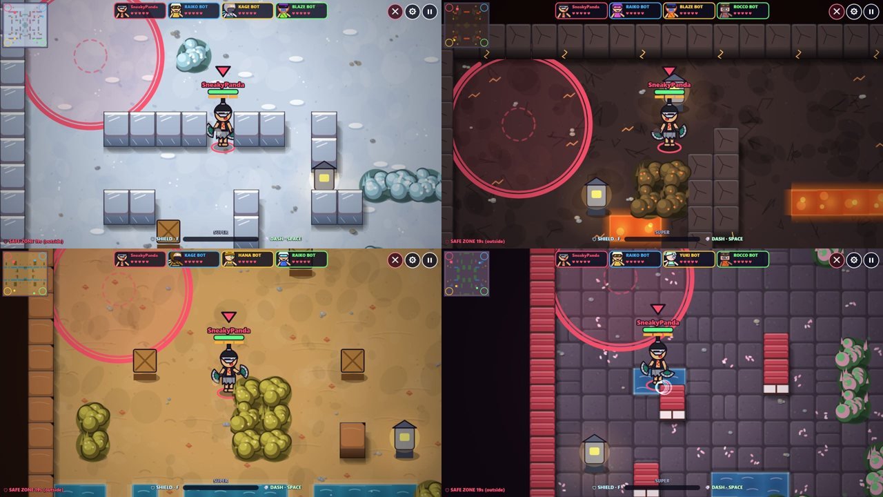 Four random maps: Snowy Temple, Ember Caves, Sunset Ruins and Sakura Garden